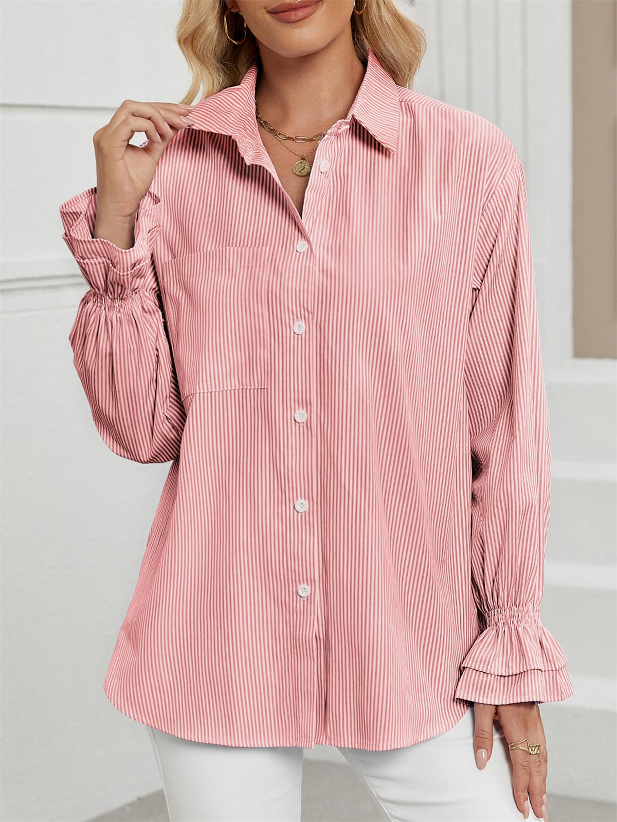 Ruffle Cuff Striped Oversized Button Up Shirt - Red