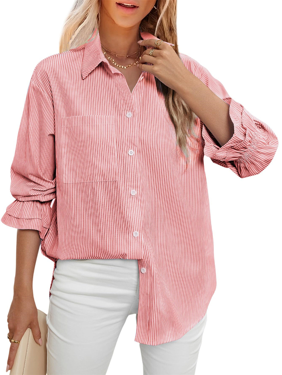 Ruffle Cuff Striped Oversized Button Up Shirt - Red - 1