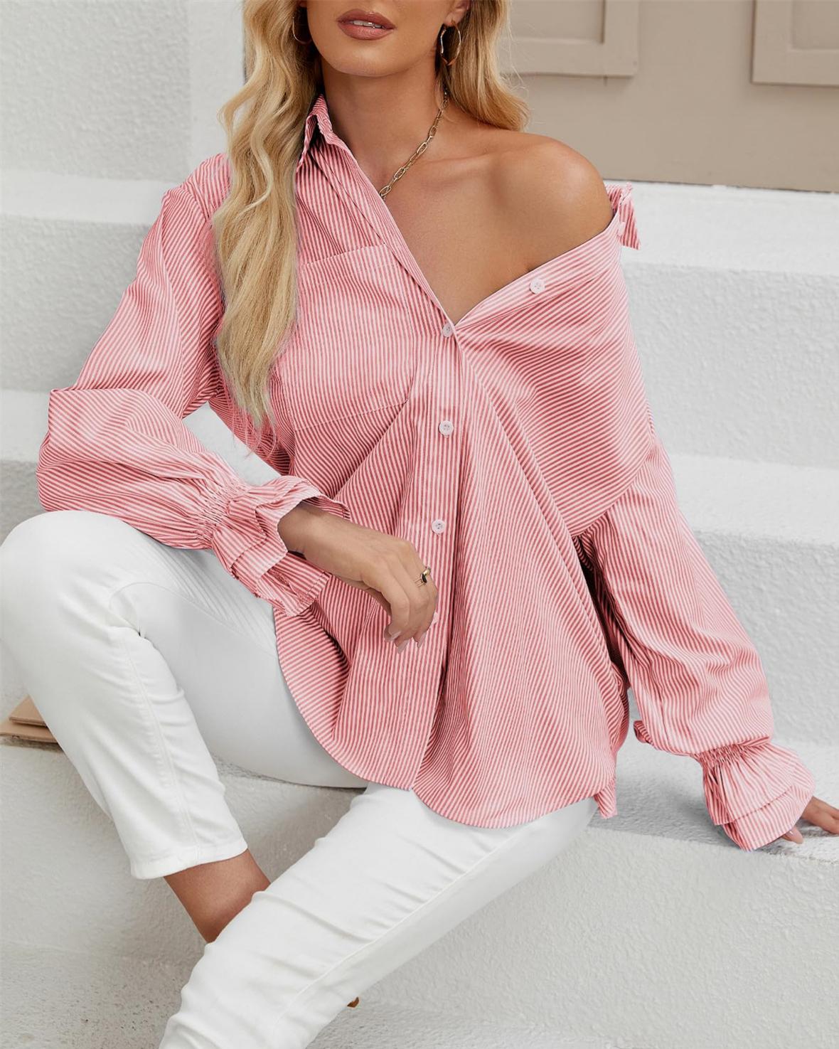 Ruffle Cuff Striped Oversized Button Up Shirt - Red - 2