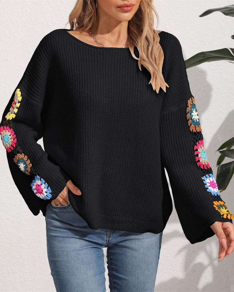Crochet Flower Sleeve Crew Neck Sweater - Black