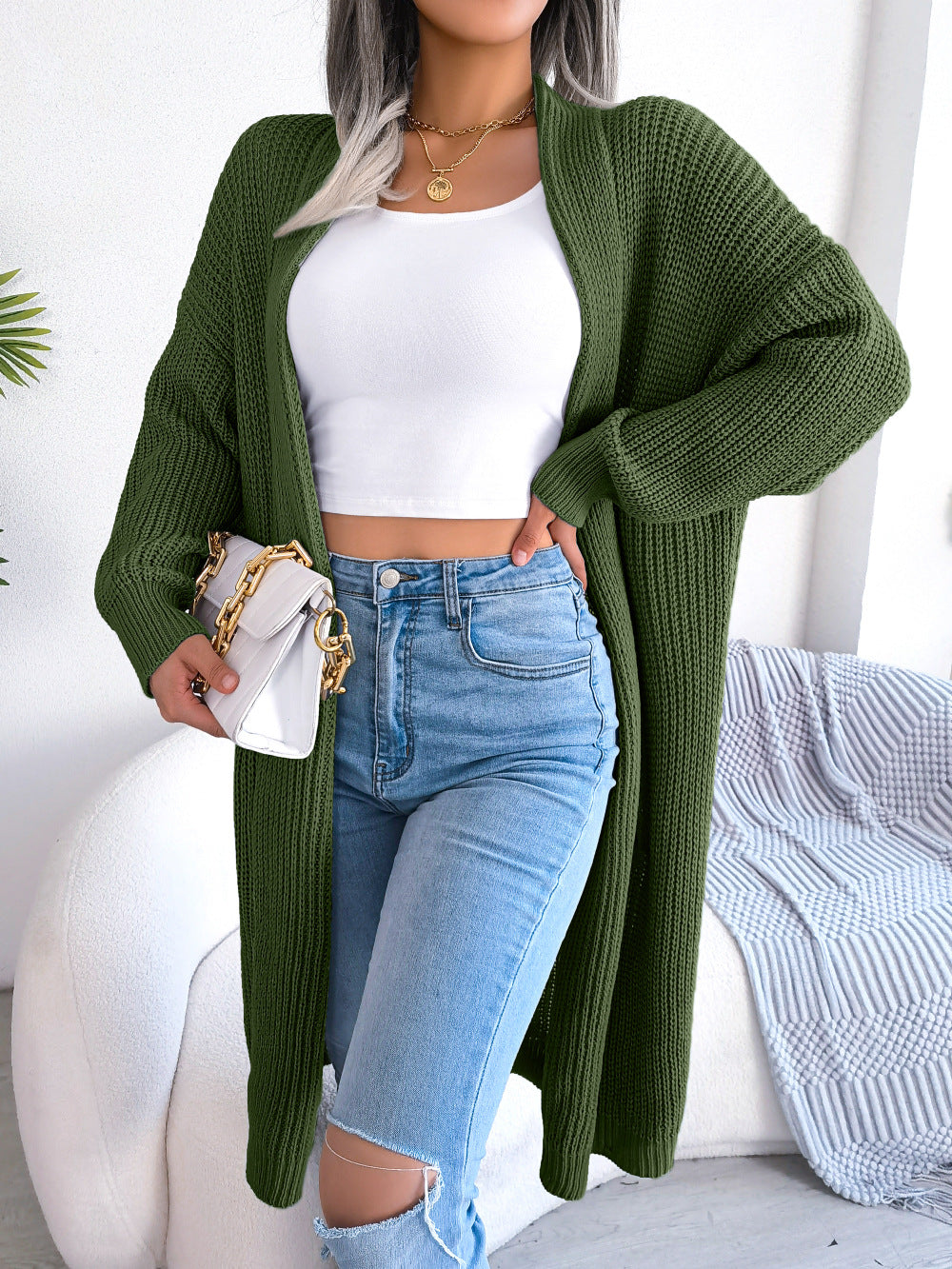 Chunky Rib Longline Open Front Cardigan - Green - 3