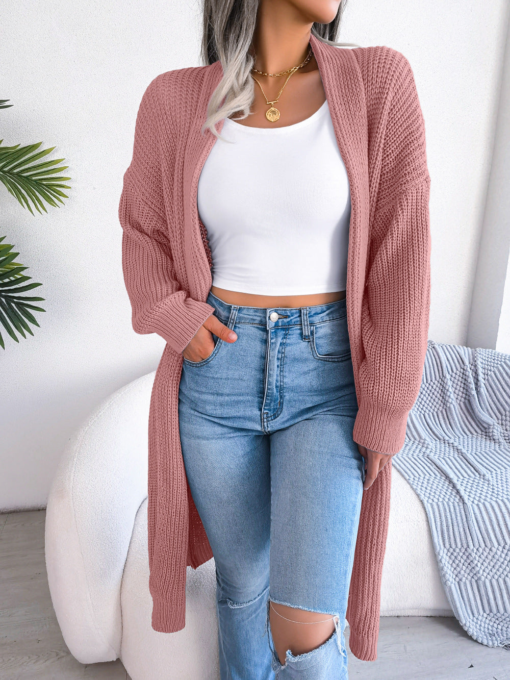 Chunky Rib Longline Open Front Cardigan - Pink - 2