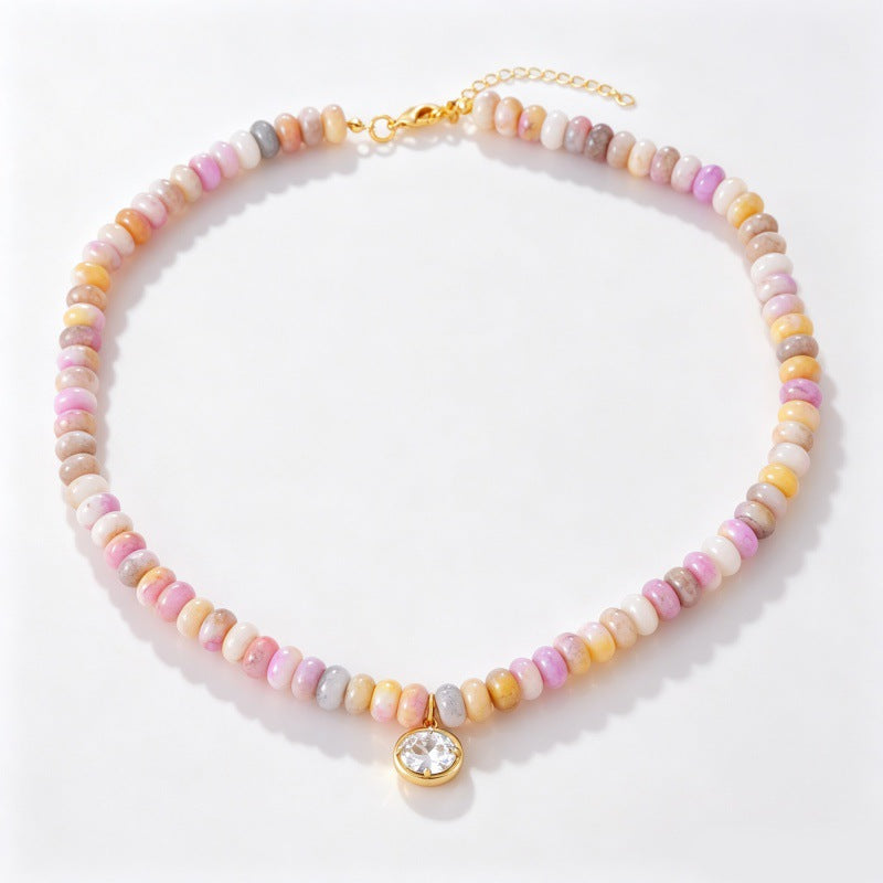 Natural Stone Rondelle Bead Zircon Pendant Necklace - C1