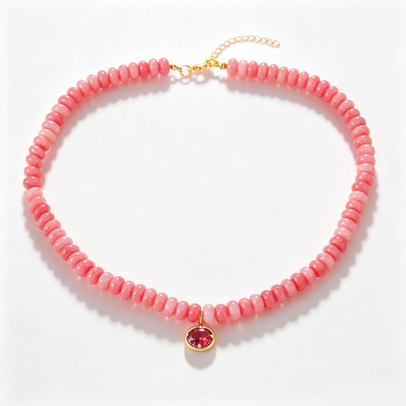 Natural Stone Rondelle Bead Zircon Pendant Necklace - C3