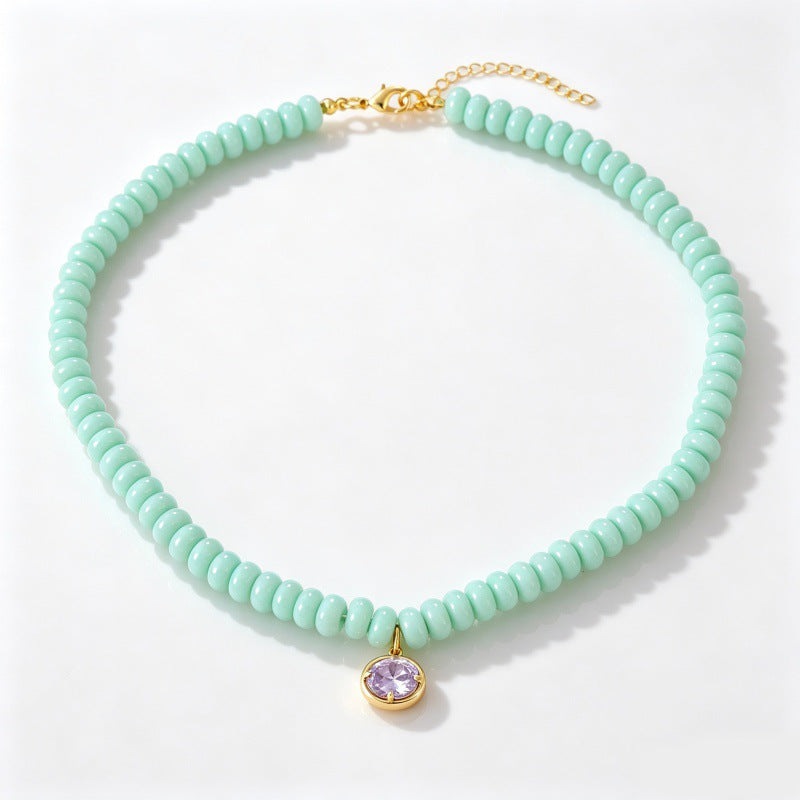 Natural Stone Rondelle Bead Zircon Pendant Necklace - C6