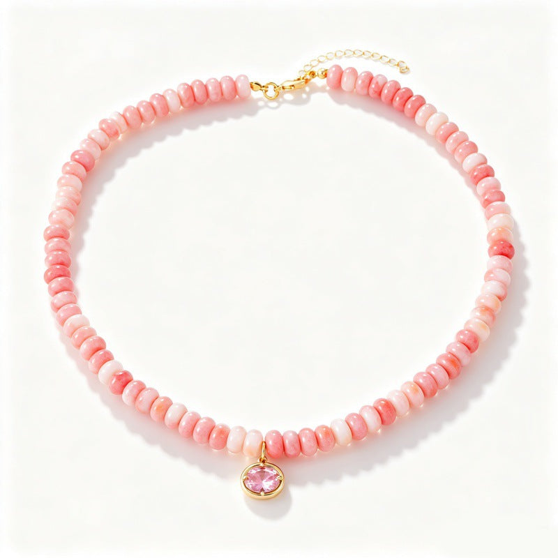 Natural Stone Rondelle Bead Zircon Pendant Necklace - C7