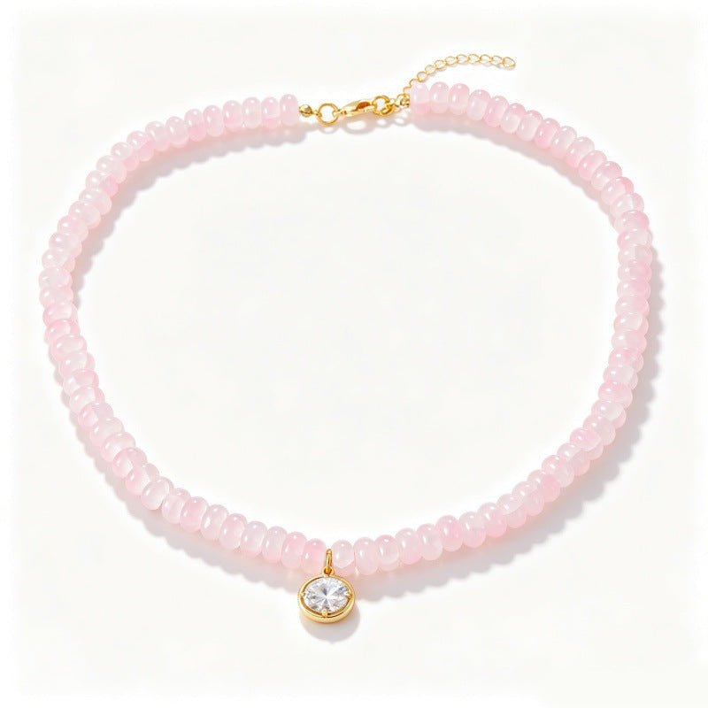 Natural Stone Rondelle Bead Zircon Pendant Necklace - C9