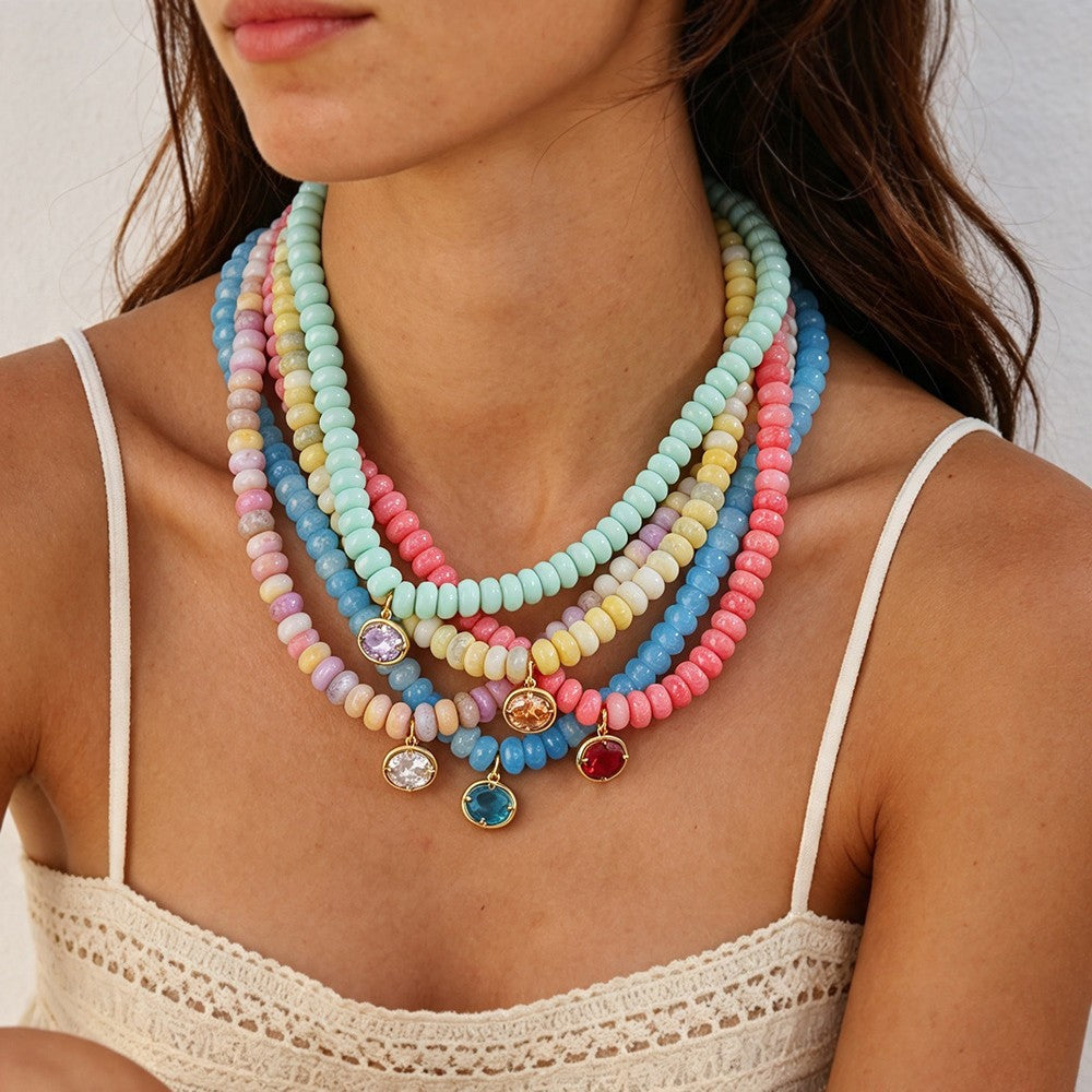 Natural Stone Rondelle Bead Zircon Pendant Necklace