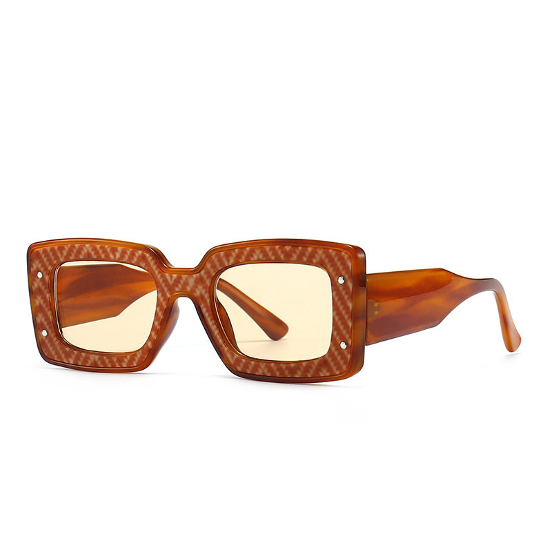 Textured Chunky Rectangle Frame Sunglasses - Tea