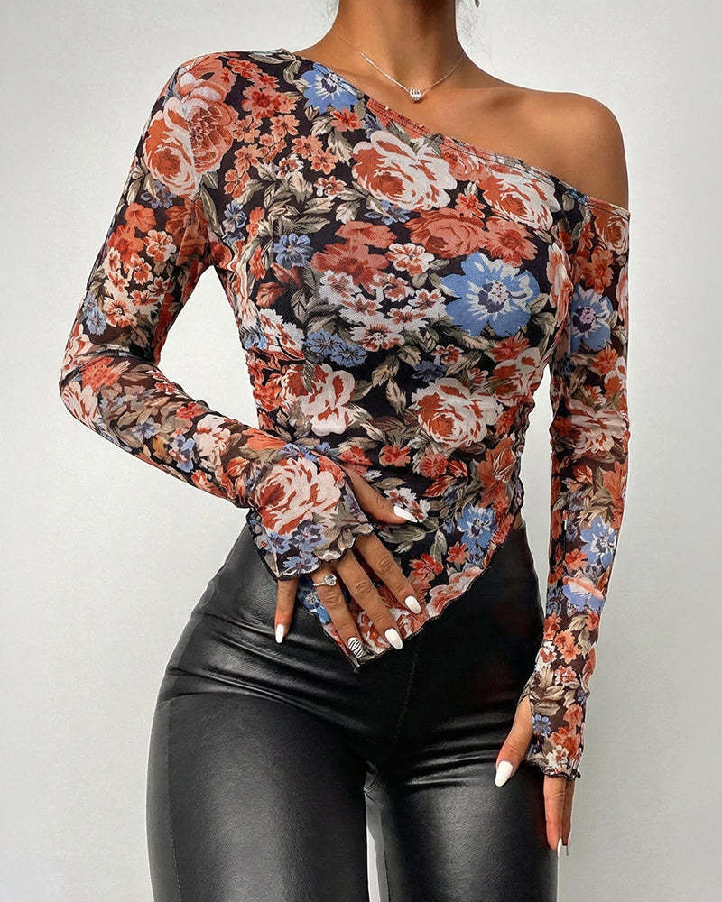 Asymmetric Hem Mesh Off Shoulder Blouse - Black