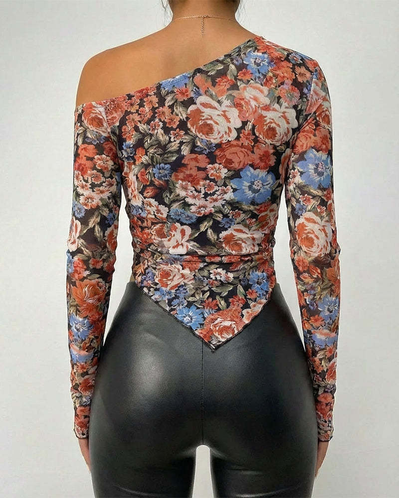 Asymmetric Hem Mesh Off Shoulder Blouse - Black - 1