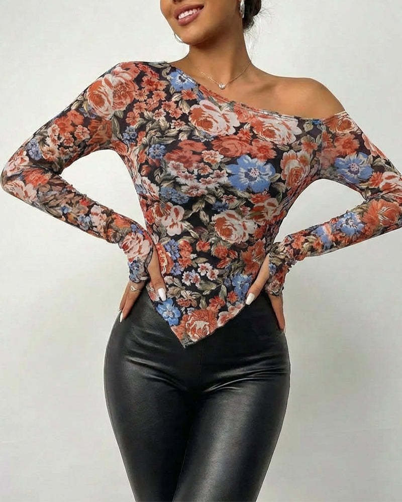 Asymmetric Hem Mesh Off Shoulder Blouse - Black - 3