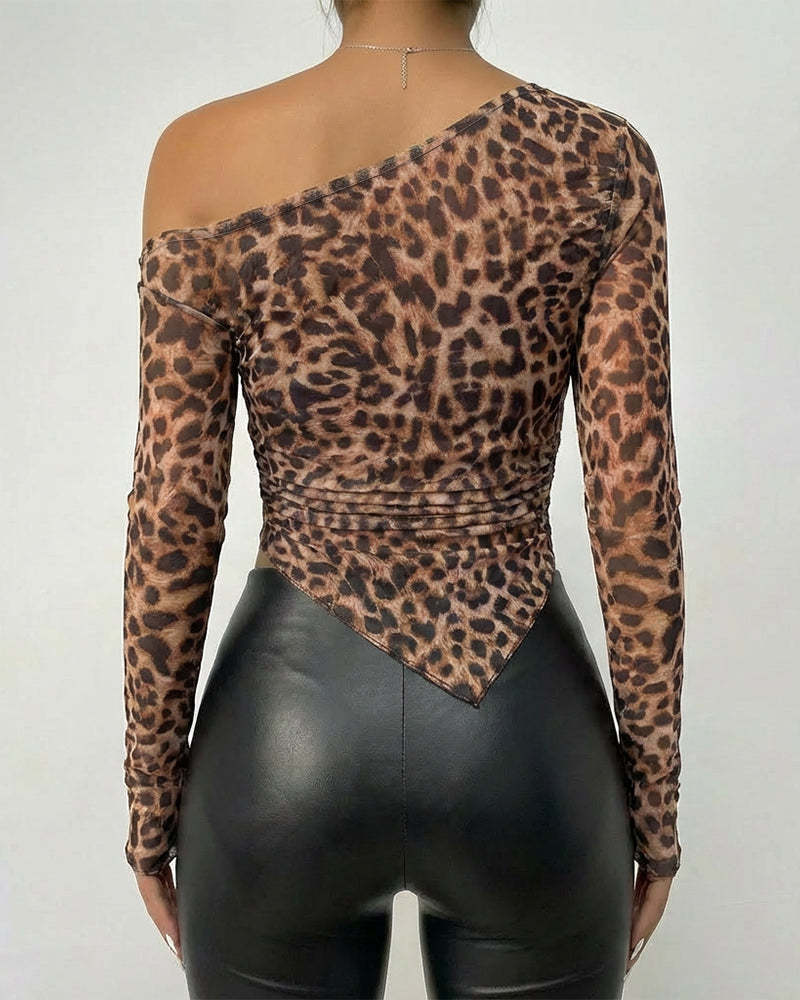 Asymmetric Hem Mesh Off Shoulder Blouse - Leopard - 1