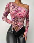 Asymmetric Hem Mesh Off Shoulder Blouse - Pink