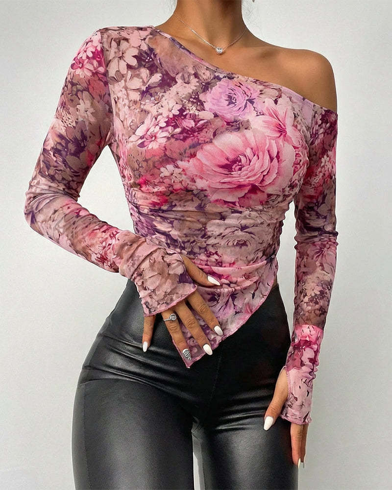 Asymmetric Hem Mesh Off Shoulder Blouse - Pink