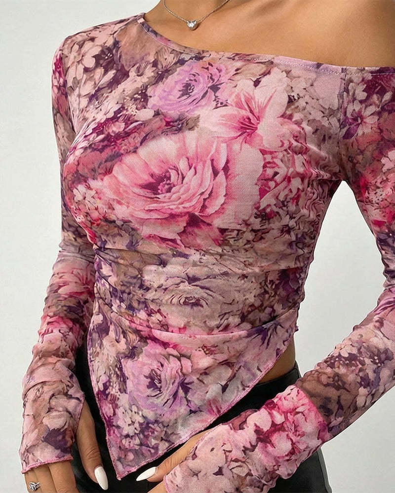 Asymmetric Hem Mesh Off Shoulder Blouse - Pink - 1