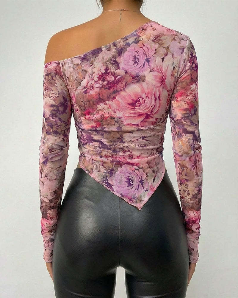 Asymmetric Hem Mesh Off Shoulder Blouse - Pink - 2