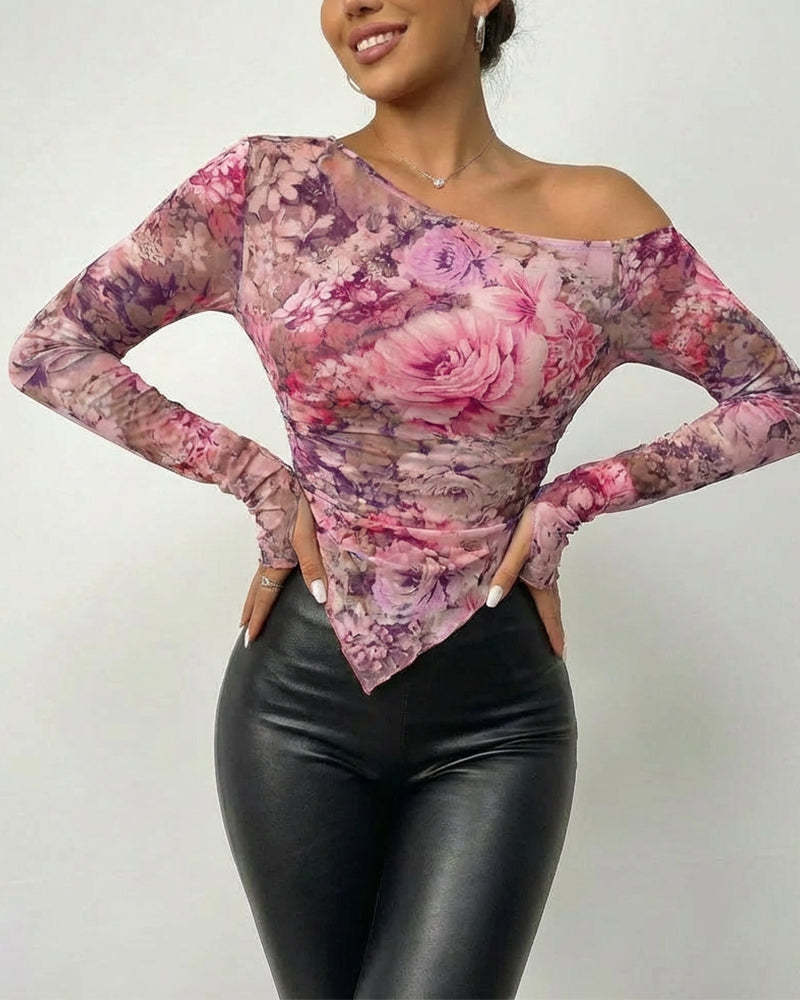Asymmetric Hem Mesh Off Shoulder Blouse - Pink - 3