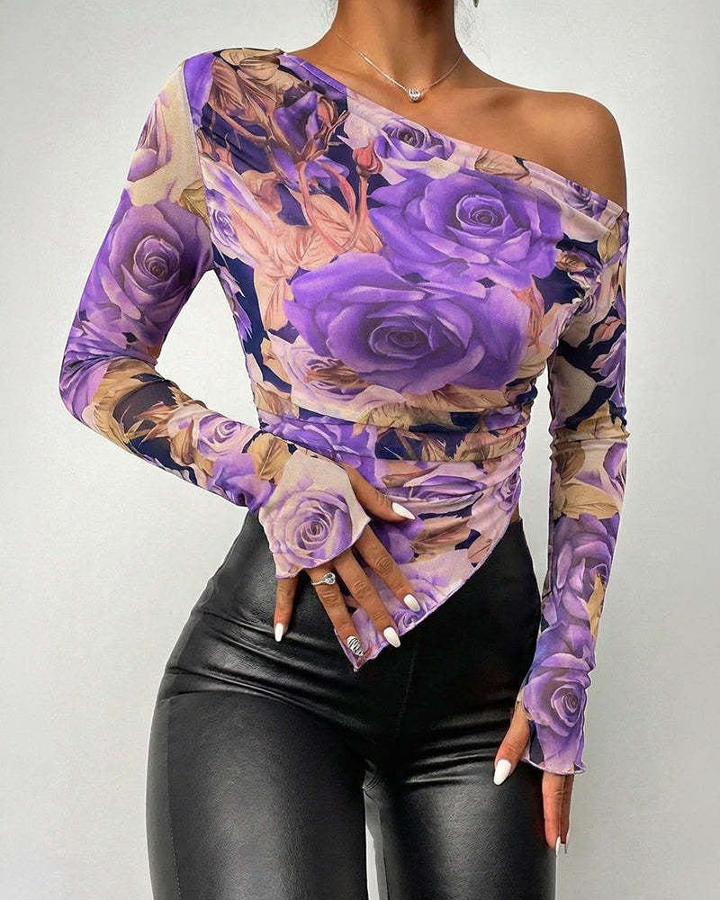 Asymmetric Hem Mesh Off Shoulder Blouse - Purple