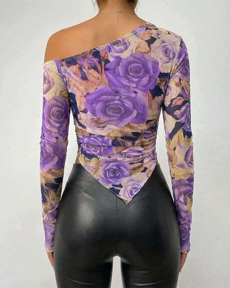 Asymmetric Hem Mesh Off Shoulder Blouse - Purple - 1