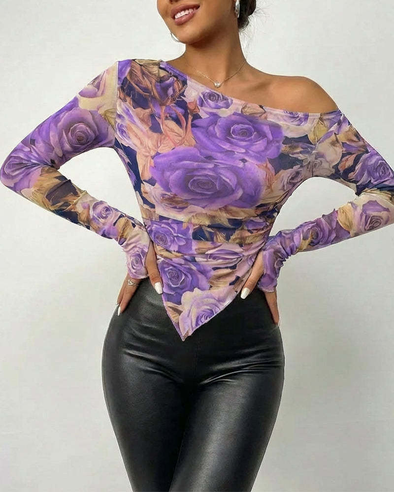 Asymmetric Hem Mesh Off Shoulder Blouse - Purple - 2