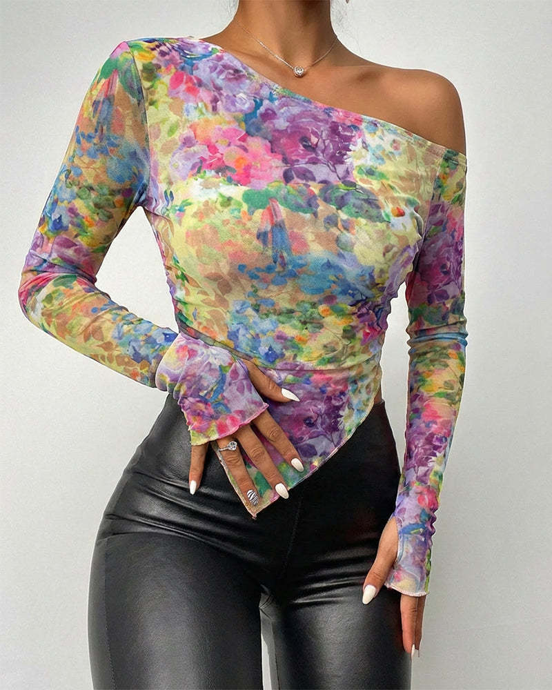 Asymmetric Hem Mesh Off Shoulder Blouse - Yellow