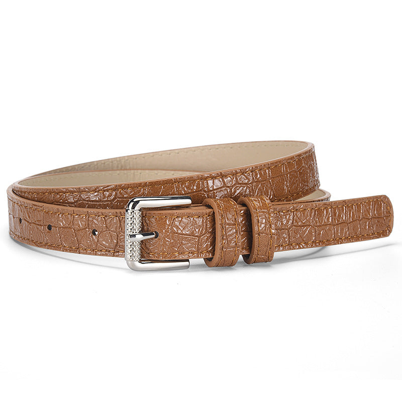 Skinny Croc Embossed Pin Buckle Belt - Camel