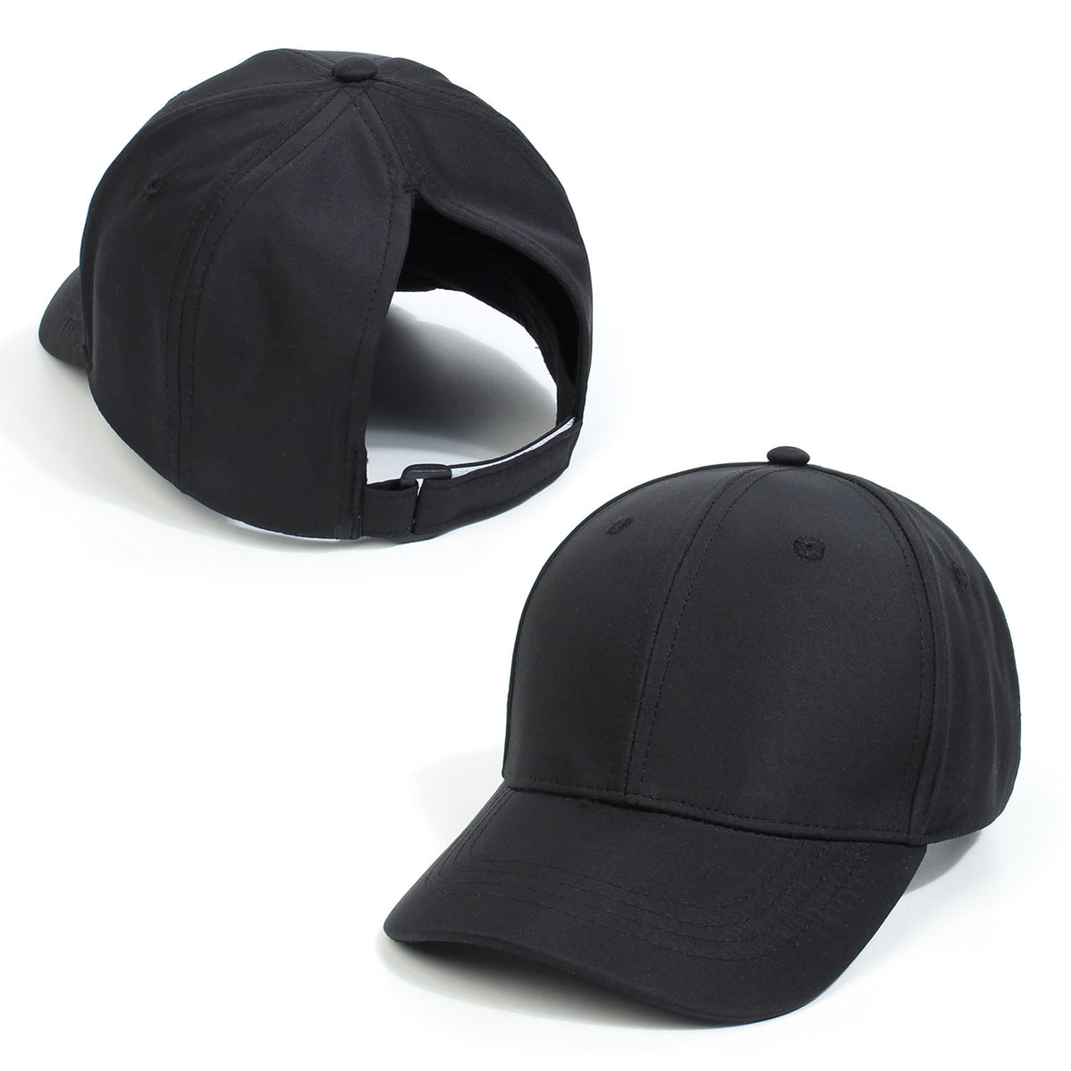 Messy Bun Baseball Cap With Ponytail Opening - Black
