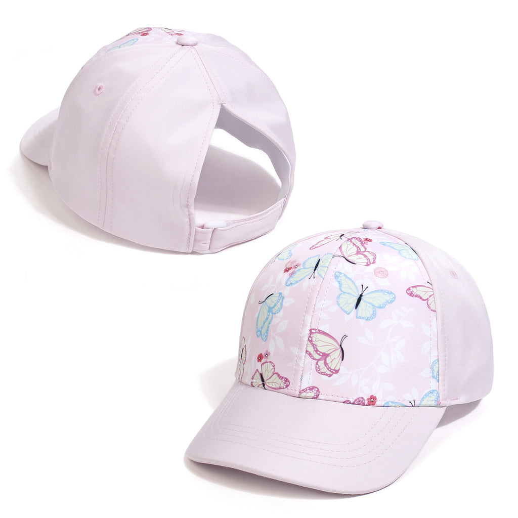 Messy Bun Baseball Cap With Ponytail Opening - Butterfly