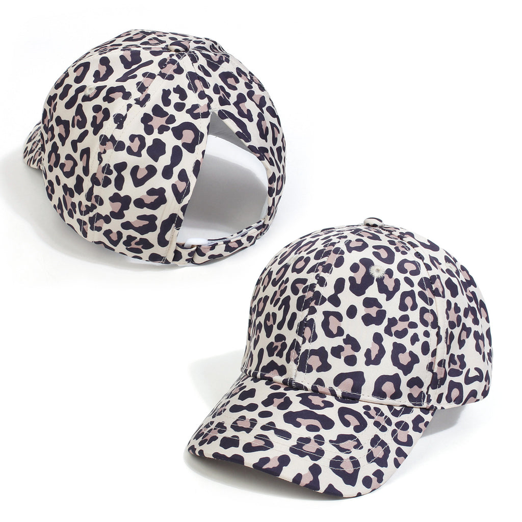 Messy Bun Baseball Cap With Ponytail Opening - Leopard
