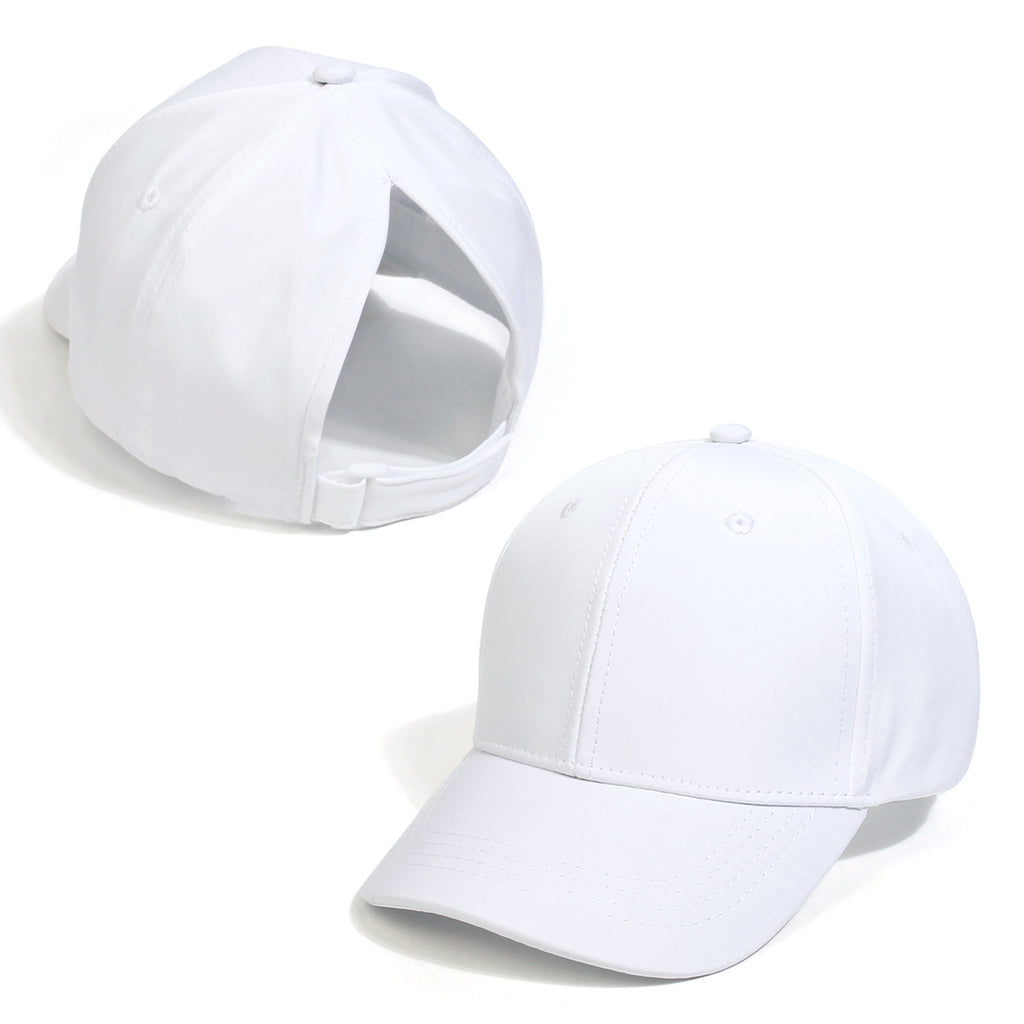 Messy Bun Baseball Cap With Ponytail Opening - White