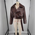 Brown Faux Leather Belted Oversized Moto Jacket - Brown