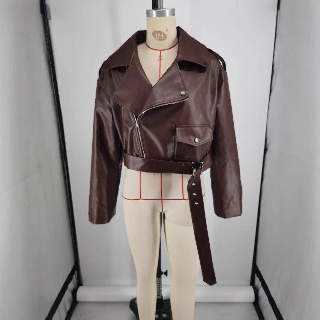 Brown Faux Leather Belted Oversized Moto Jacket - Brown