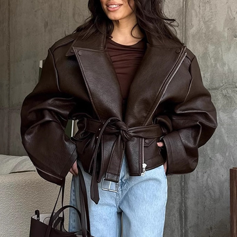 Brown Faux Leather Belted Oversized Moto Jacket
