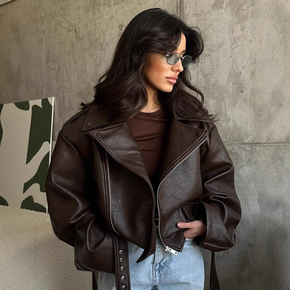 Brown Faux Leather Belted Oversized Moto Jacket