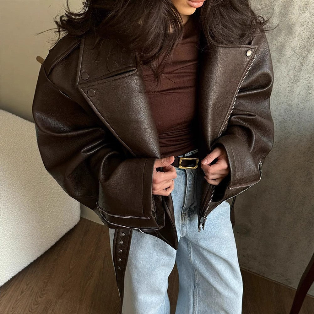 Brown Faux Leather Belted Oversized Moto Jacket