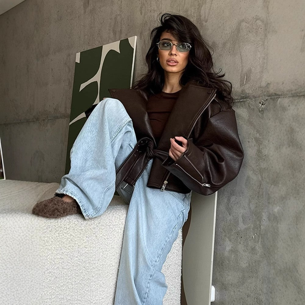 Brown Faux Leather Belted Oversized Moto Jacket