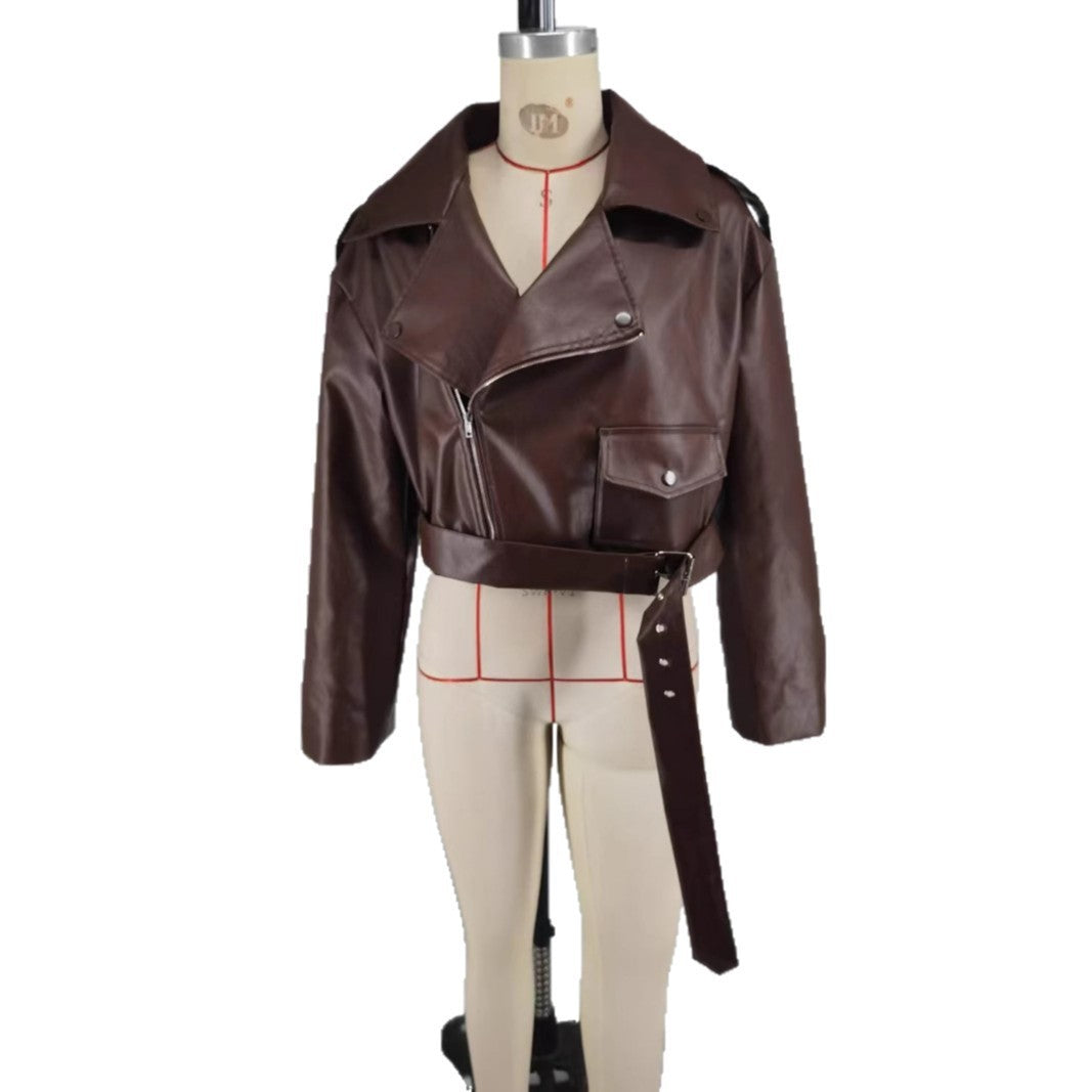 Brown Faux Leather Belted Oversized Moto Jacket
