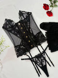 Black Floral Lace Mesh Corset Garter Set With Stockings - Black