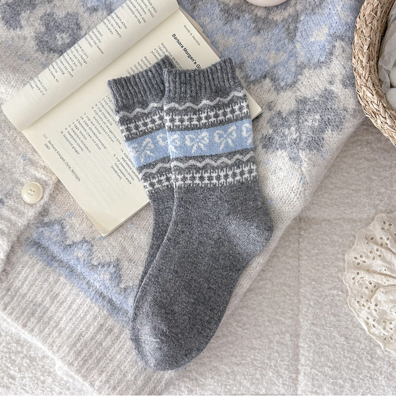 Nordic Bow Jacquard Ribbed Crew Socks - Grey