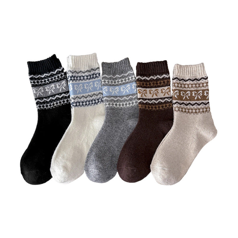 Nordic Bow Jacquard Ribbed Crew Socks