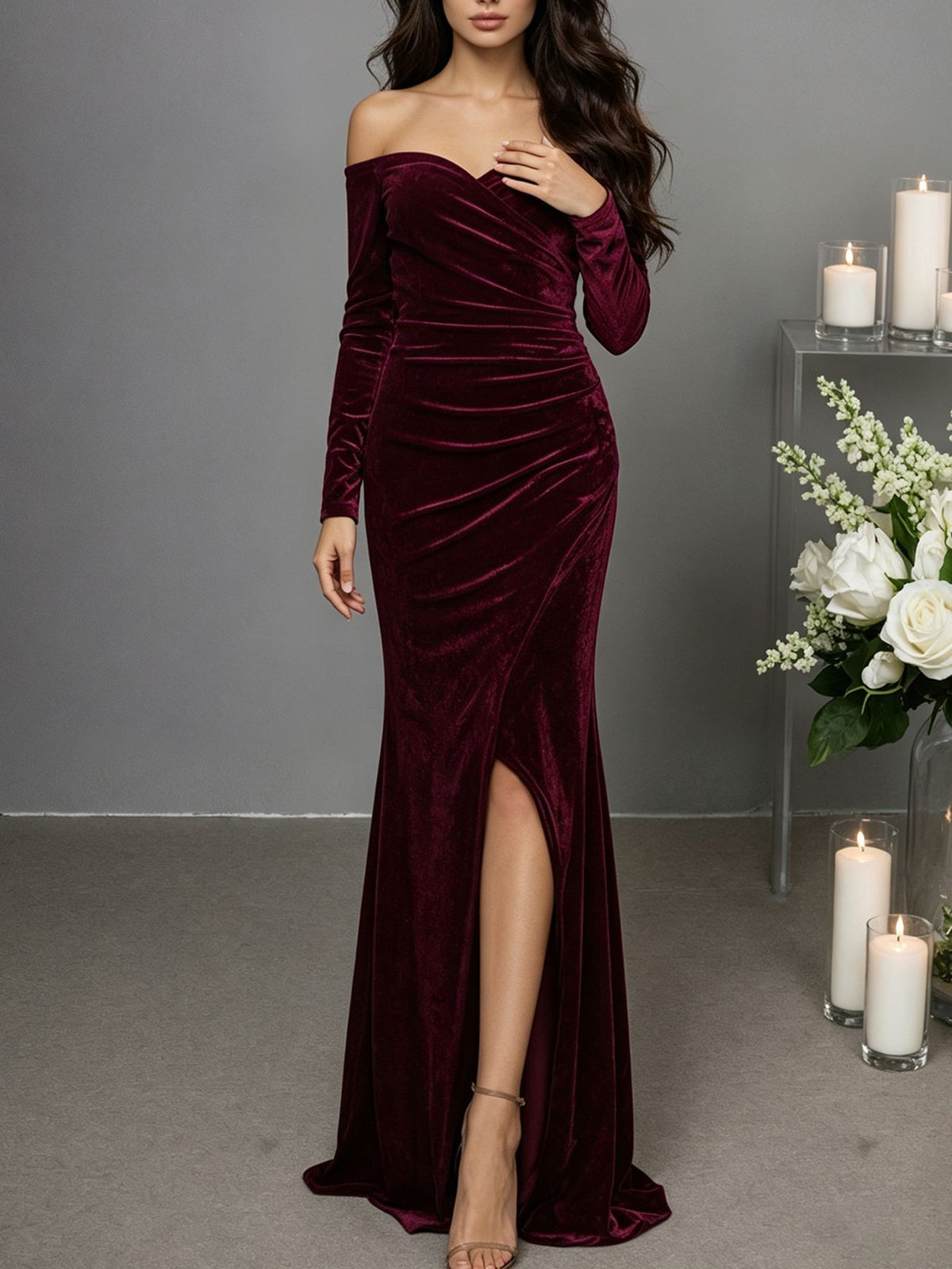 Ruched Velvet Off Shoulder Long Sleeve Slit Gown - Burgundy
