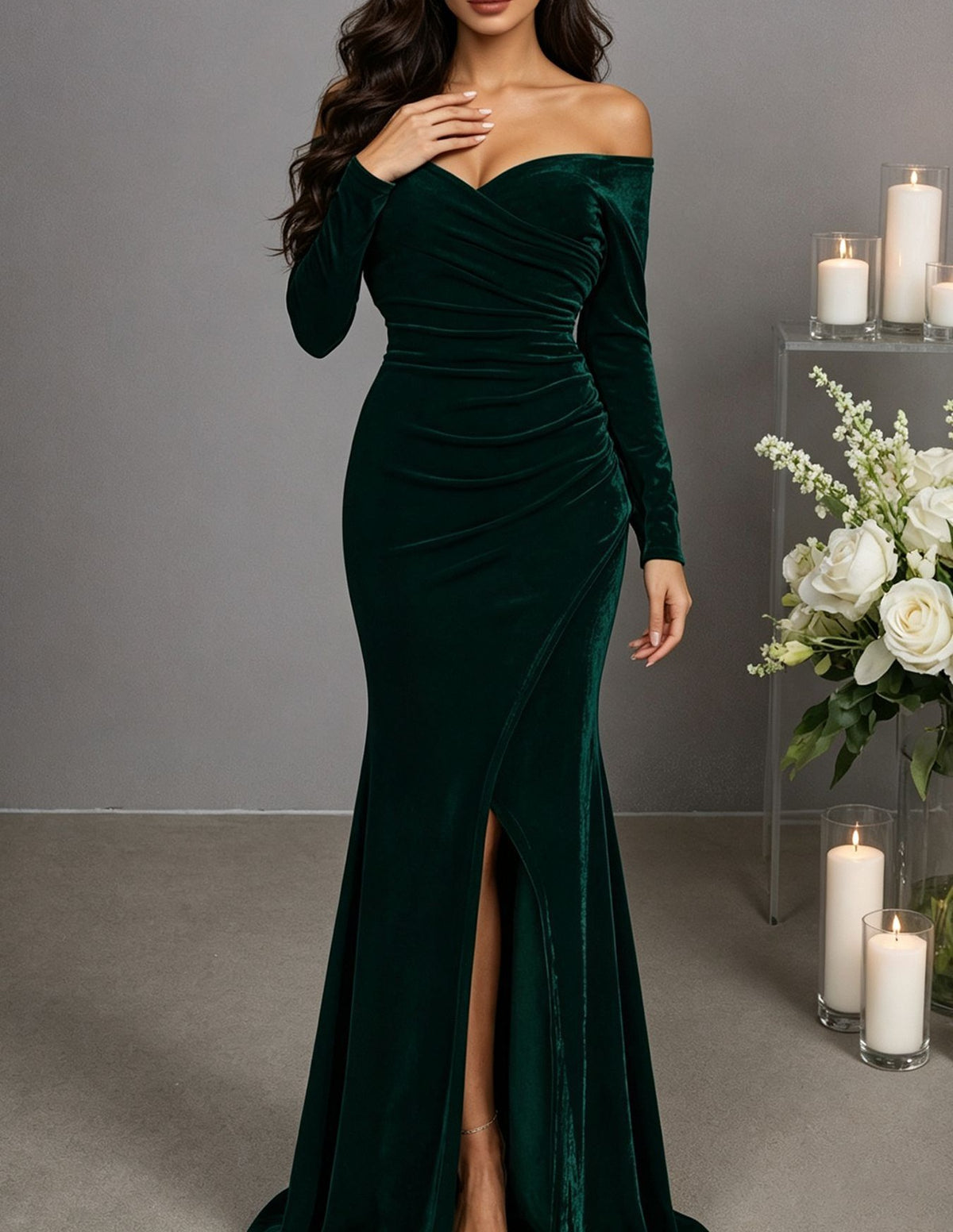 Ruched Velvet Off Shoulder Long Sleeve Slit Gown - Emerald Green