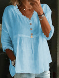 Lace Trim Babydoll V Neck Shirt - Blue