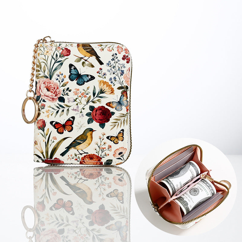 Floral Zip Coin Purse With Key Ring - Bird