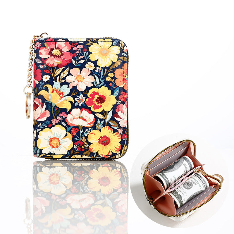 Floral Zip Coin Purse With Key Ring - Black