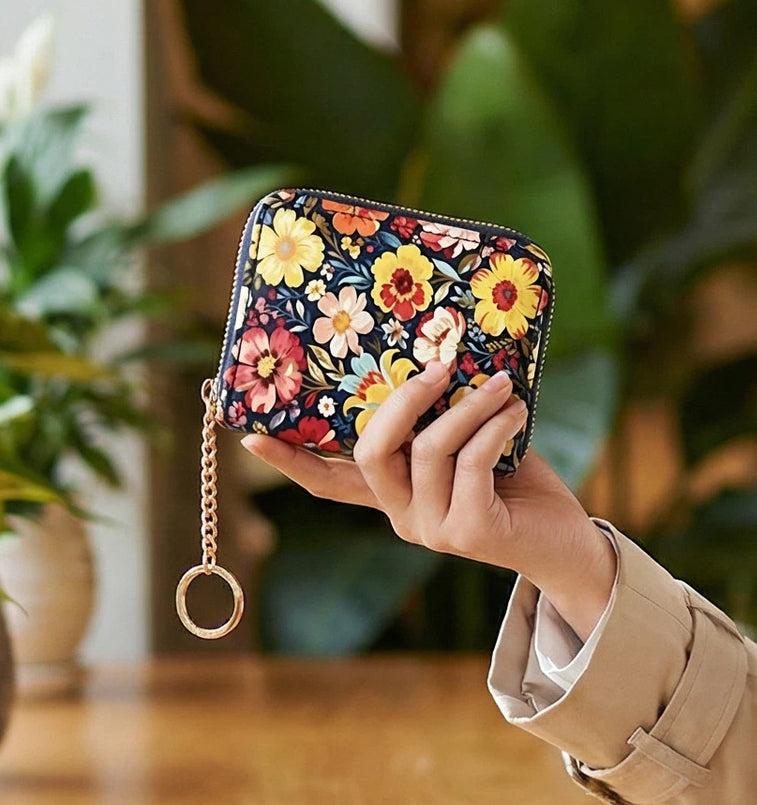 Floral Zip Coin Purse With Key Ring - Black - 1