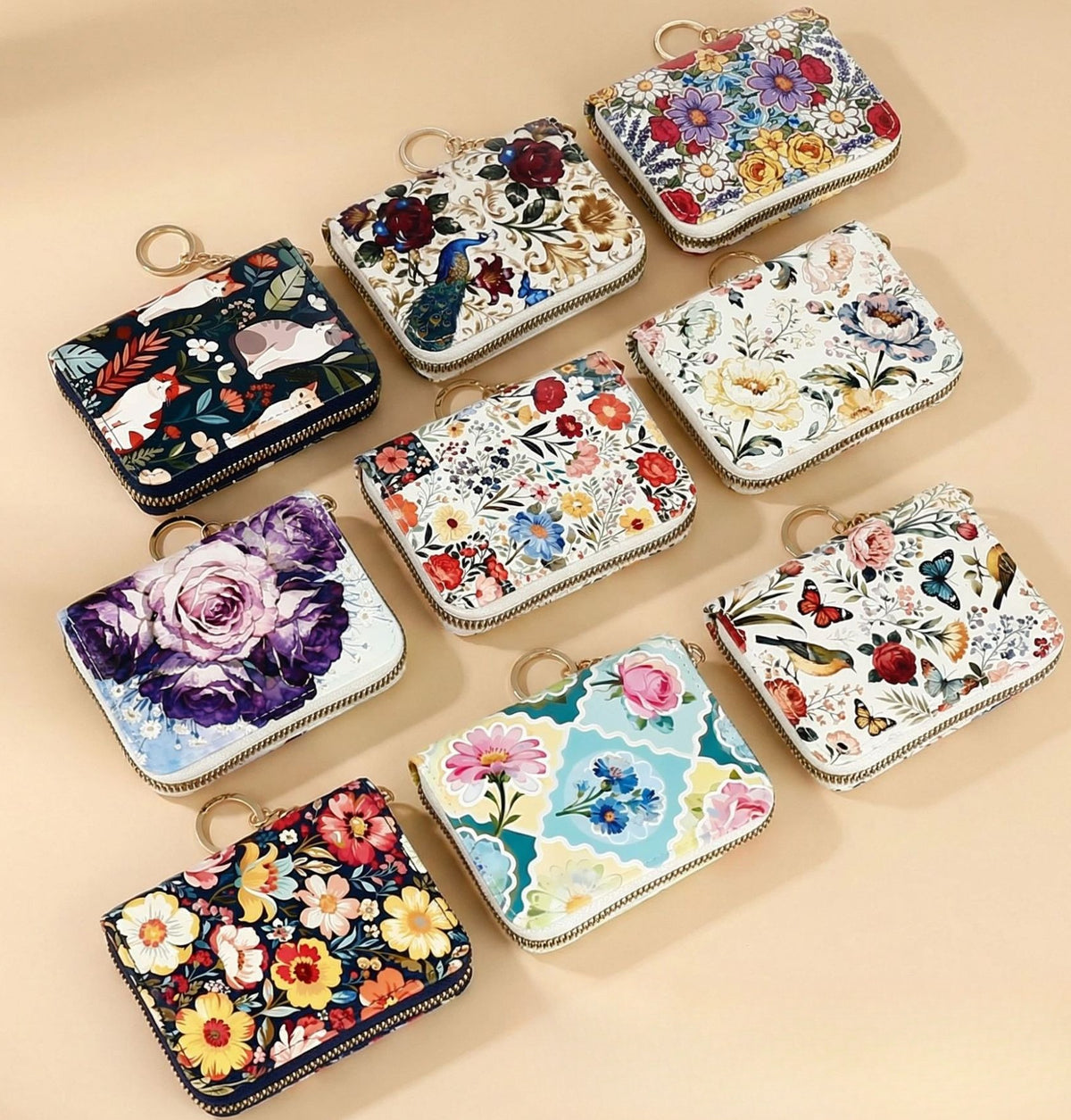 Floral Zip Coin Purse With Key Ring - Blue