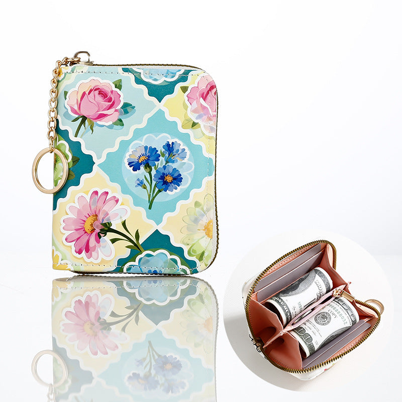 Floral Zip Coin Purse With Key Ring - Blue - 1
