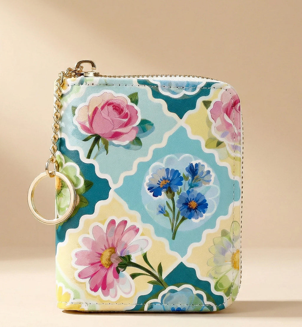 Floral Zip Coin Purse With Key Ring - Blue - 2